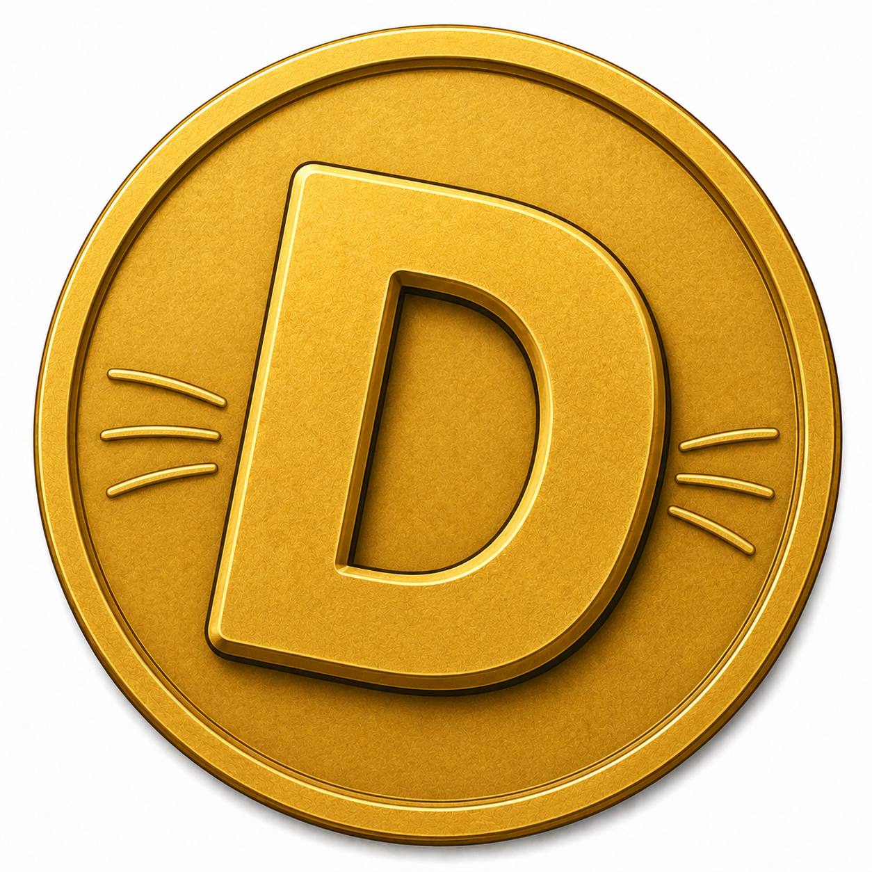 The $DOG gold coin, stamped with a D and two sets of whiskers